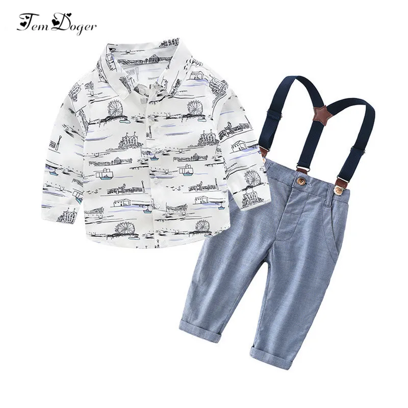 Tem Doger Boy Clothing Sets Summer Toddler Boy Suit Shirt+Overalls 2PCS Kid Formal Wedding Party Costume Outfits Set