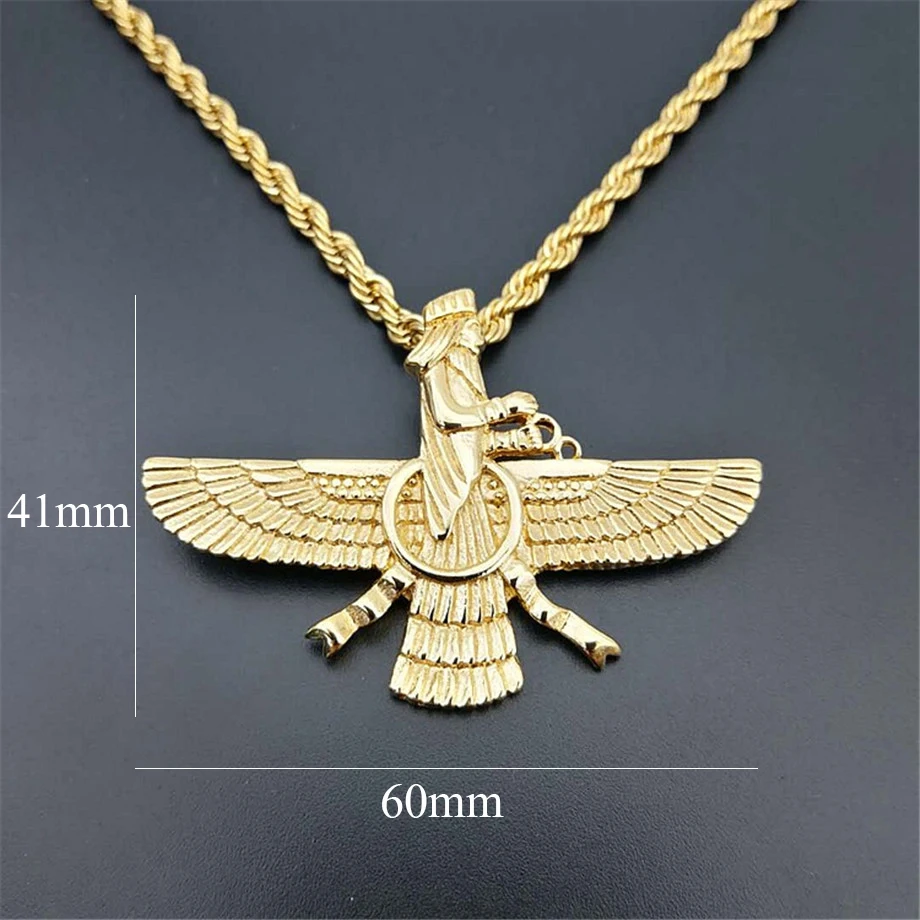 جديد الرجال الهيب هوب إيران Faravahar Ahura مازدا Zoroastrian عُقد ذهبي بدلاية اللون الفولاذ المقاوم للصدأ الرجال المجوهرات