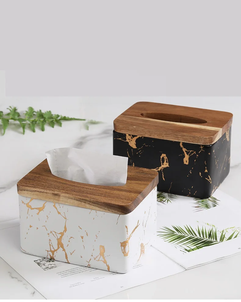 Luxury Black Gold Marble Pattern Ceramic Tissue Box Home Creative Model Room Bathroom Decoration Tray