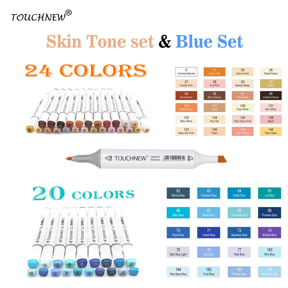 TOUCHNEW 24/20Colors Skin Tone Marker Blue Set Sketch Alcohol Markers Pen For Drawing Portrait Animation Blue color sea