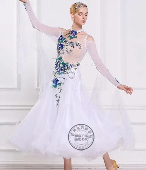 

customize rhinestone white color with flower Fox trot Waltz tango salsa competition ballroom cha cha dance dress