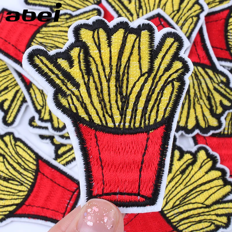 5pcs/lot Cartoon French fries Stickers Embroidered Iron On Foods Patches Sew On Garments Appliques Handmade Jeans Bag Coat Badge