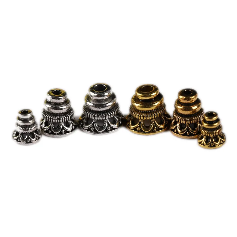 10 sztuk tybetański srebrny kształt wieży nakładki na koraliki końcowe 8mm 10mm 12mm Vintage złoty/srebrny metalowy frędzel czapki gniazdo DIY tworzenia biżuterii