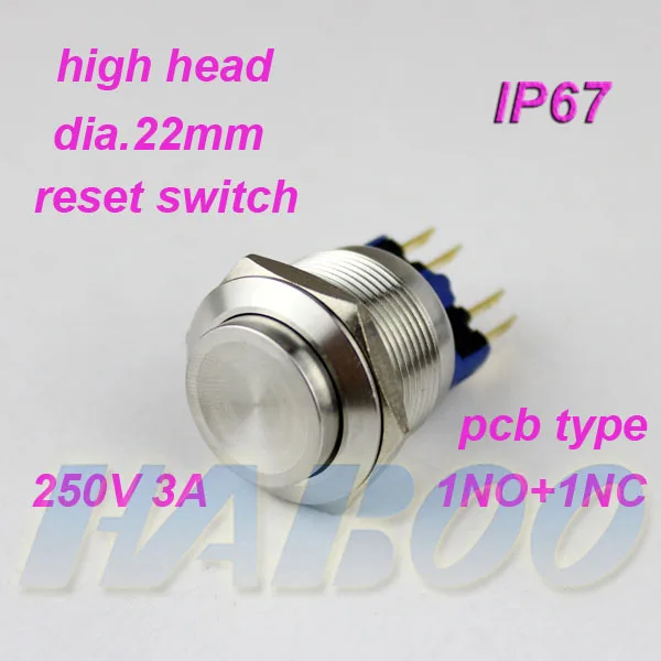 10pcs/lot waterproof IP67 metal switch anti vandal dia.22mm reset push button switch stainless steal high head 1NO+1NC 250V 3A