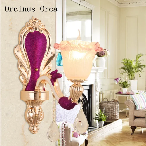 European pastoral zinc alloy crystal wall lamp living room corridor bedside lamp French luxury pink crystal wall lamp