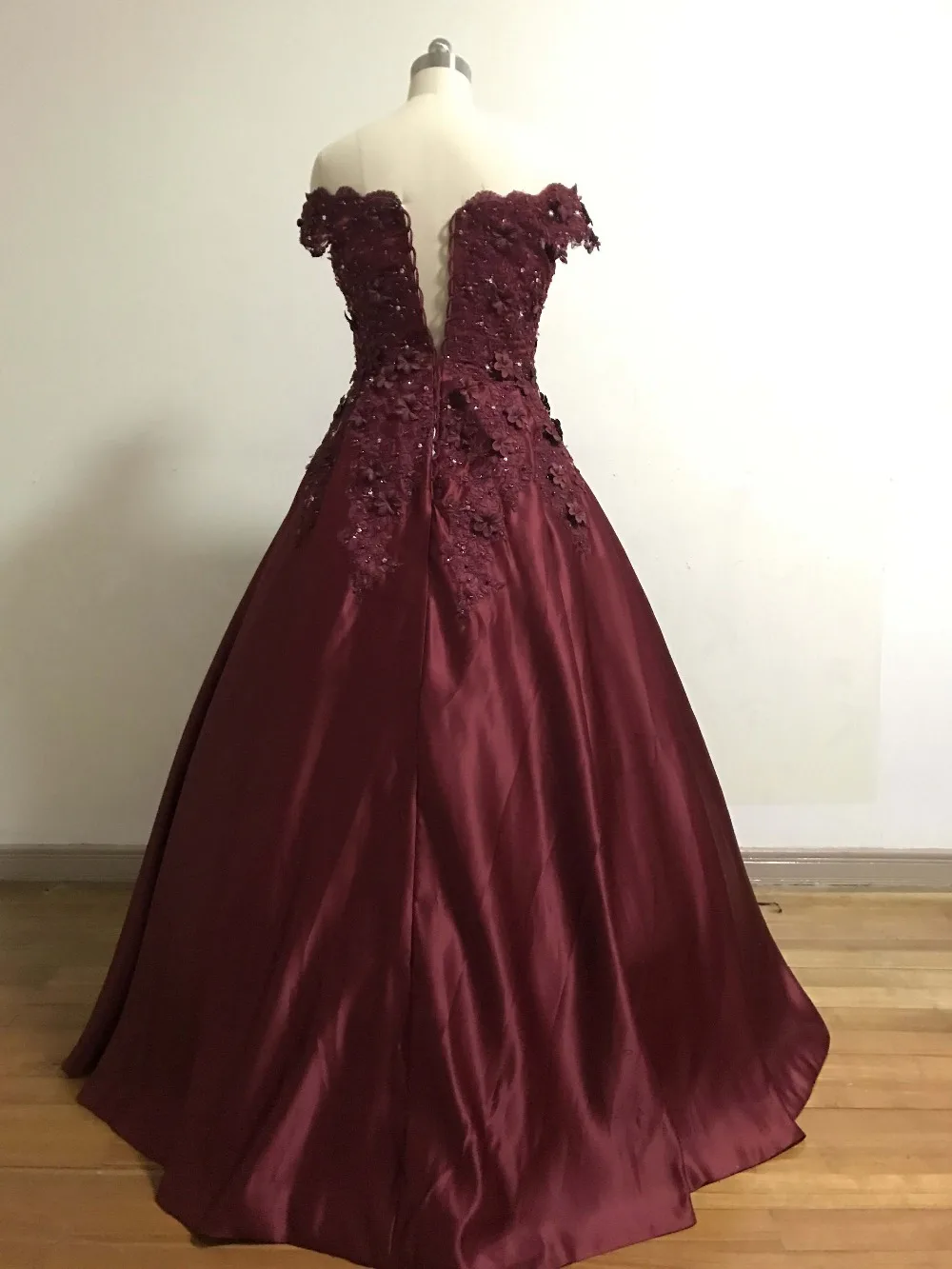 Real Accent Off the Shoulder Sweetheart Appliqued Beaded 3D Flowers Pleated Floor Length Burgundy Prom Dress