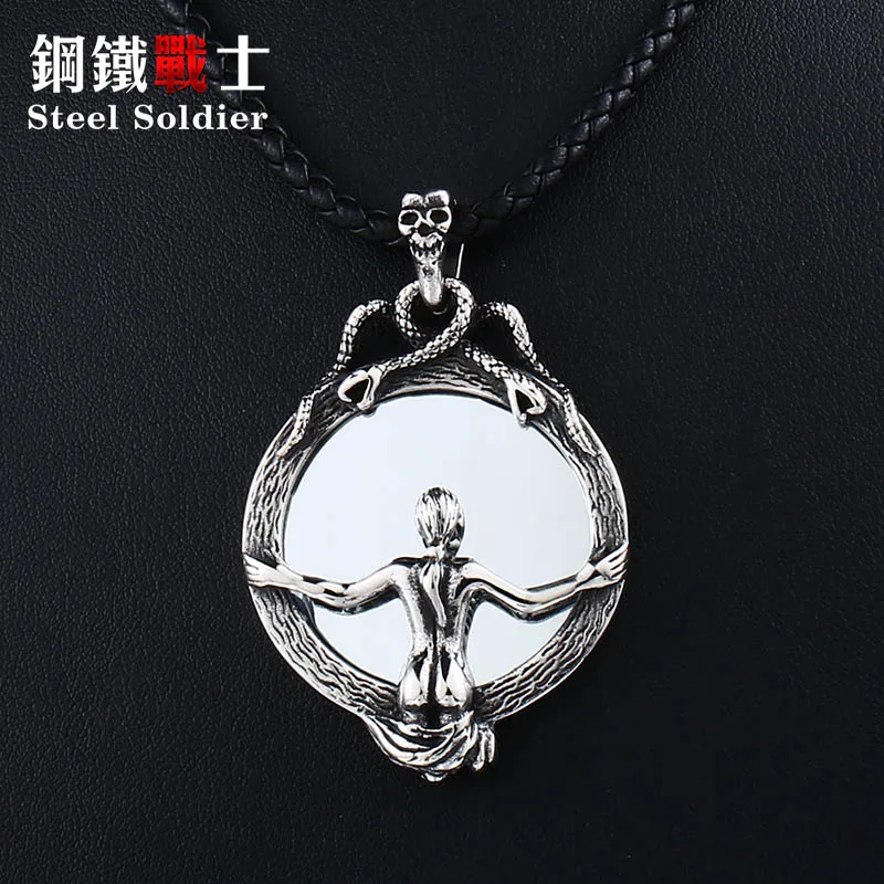 Steel soldier Dropshipping Magic Mirror Men Pendant Necklace with Stainless Steel Snake Wrapped Skull Clasp Chain Sexy women