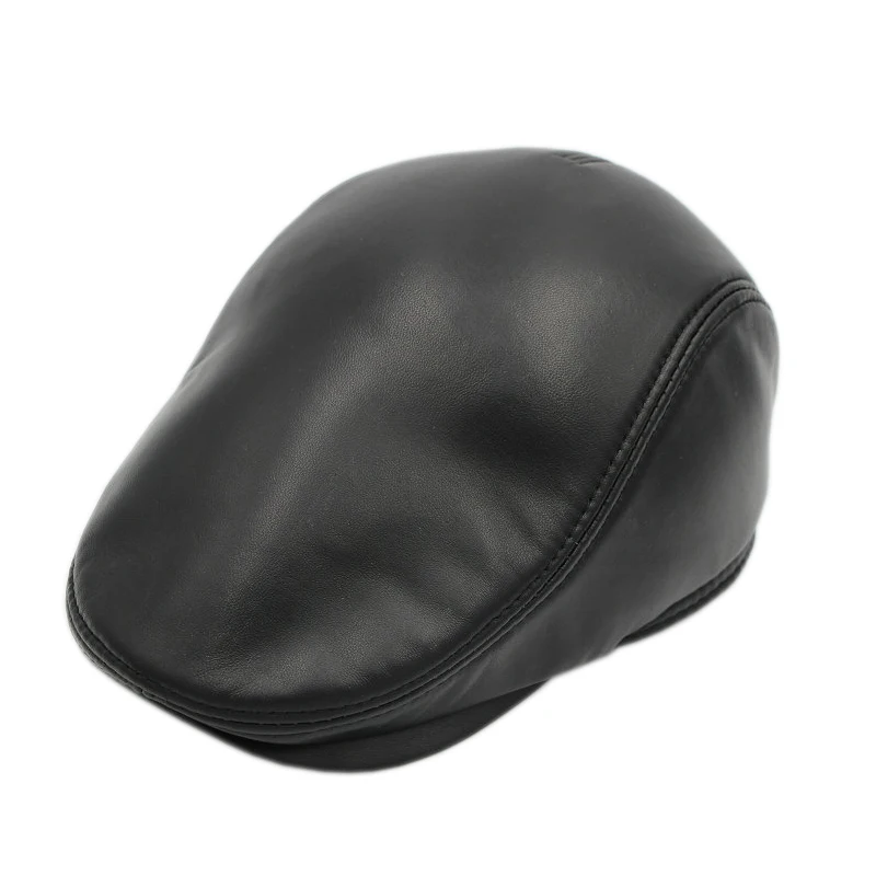 

Fashion European Style Genuine Leather Caps Beret Man Casual Sheepskin leather Black/Brown Fitted Duckbill Hats Male Boina