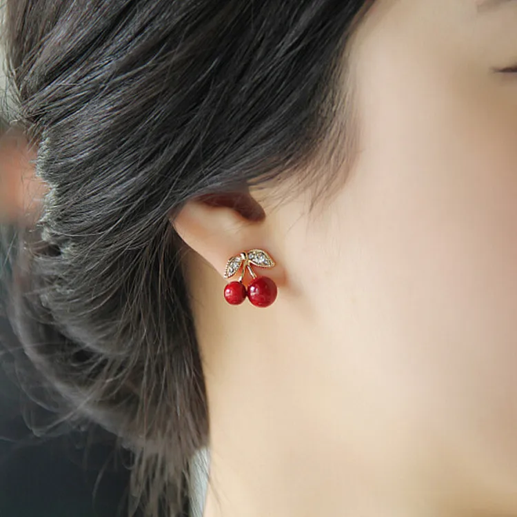 Fashion The New Cute Red Cherry Leaf Beads Rhinestone Lovely Ear Stud Earrings Jewelry Earrings For Women Gift Cheap Marketing