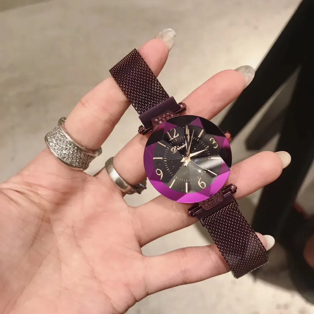 

Anti Fading Noble Purple Watches for Women Crystals Wrist watch Ultra Thin Milanese Watch Magnet Bracelet Montre Faceted Glass