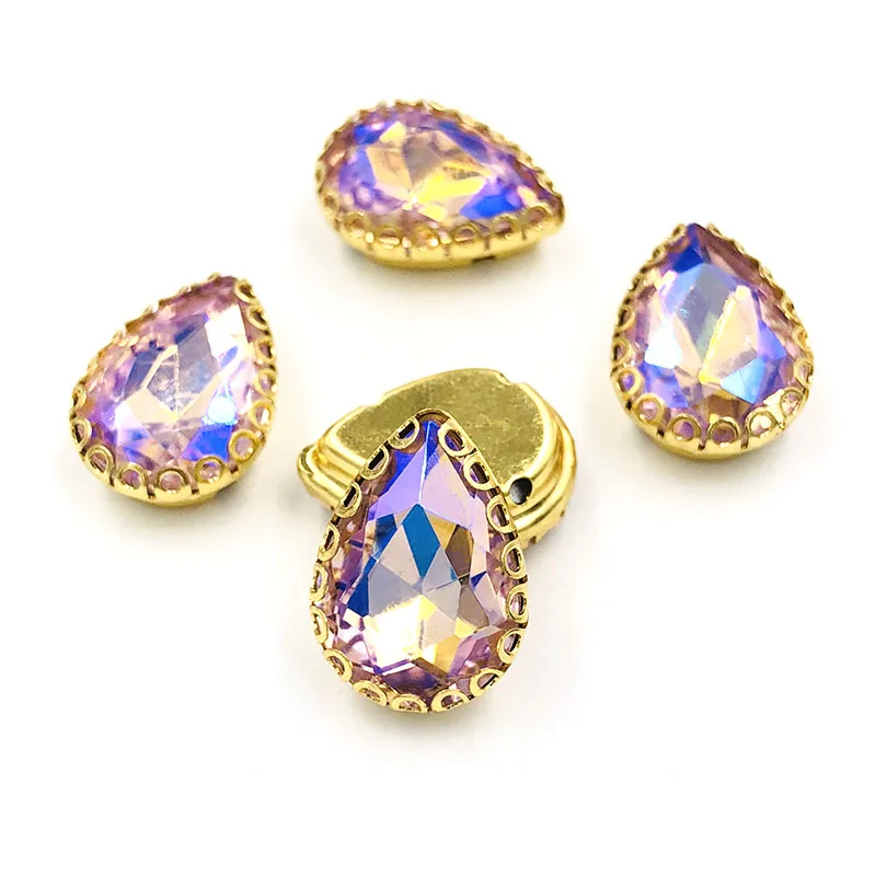 New arrival Teardrop shape strass sew on rhinestones gold base lacy claw glass crystal rhinestone Diy clothing accessories 20pcs