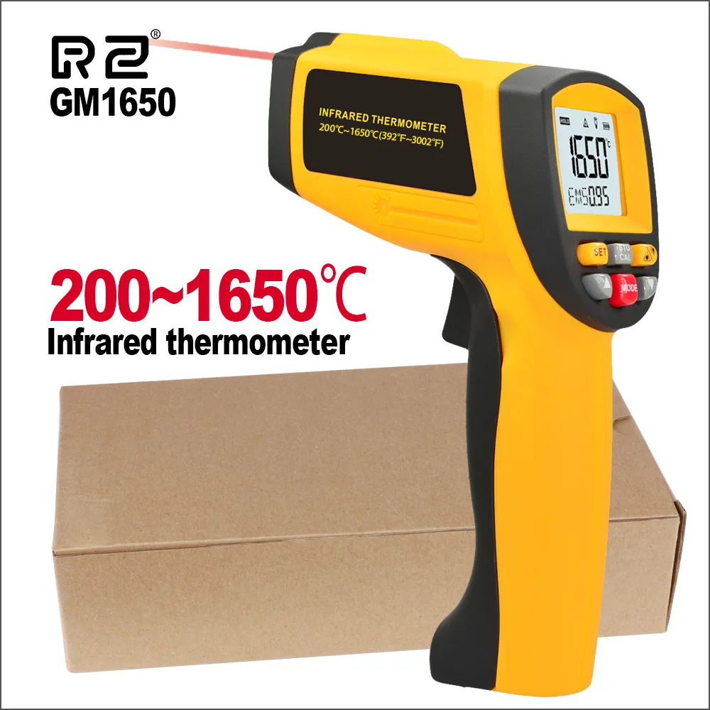 

RZ Non-Contact IR Infrared Digital Temperature Precise Gun Thermometer 200~1650C 0.1~1.00 Adjustble 50:1 LCD Display GM1650