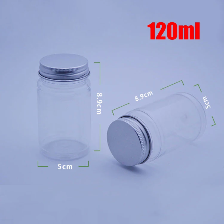 

100pcs 120ml Transparent PET Plastic Bottles, Capsules/Pills/Powder/Vitamin Medicine Bottles -- Silver Color Aluminum Caps