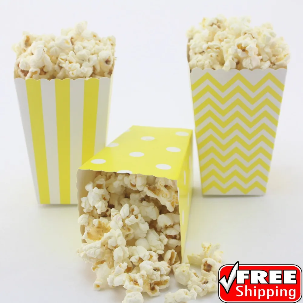 

36pcs Mix 3 Designs Yellow Striped Polka Dot Chevron Paper Popcorn Boxes-Mini Party Candy Buffet Snack Treat Gift Containers