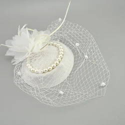 E JUE SHUNG Bridal Net Feather Hats White Red Black Birdcage Net Wedding Hats Bridal Fascinator Face Veils Pearls bride Hats