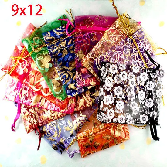 

100 Random Mixed Drawable Organza Wedding Gift Bags&Pouches 12x9cm(w00460)