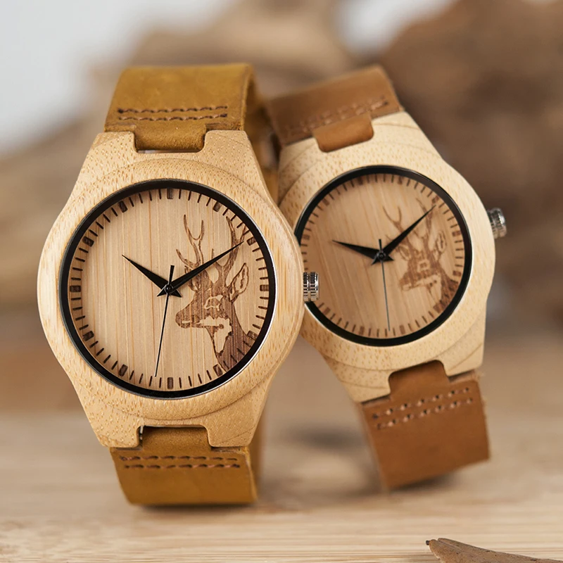 BOBO BIRD-Montre Personnalisée en Cuir group pour Homme et Femme, Tête de Cerf, artificiel an, Bambou, Amoureux