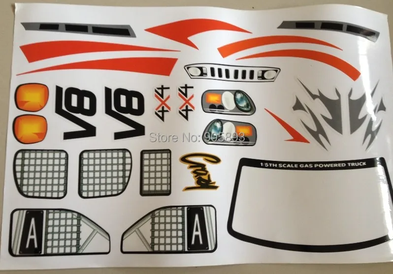 The decal/sticker sheet for 1/5 scale 4x4 Big Monster Truck.