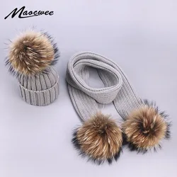 Warm Chunky Thick Hats and Scarves Real Fur Pom Pom Set for Child Mother Baby Kids Girls Boys Warm Hat Winter Beanie Knitted Cap