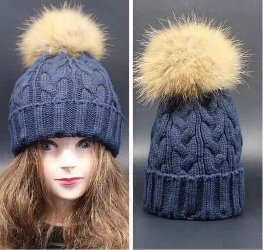 

Real Racoon Fur Pom Pom hats women stripe winter wool knitted beanie pom pom hat hemp flowers beanie hat warm