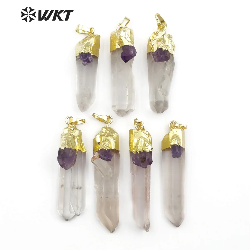 

WT-P1436 WKT Natural stone pendant for women jewelry natural raw crystal quartz point with purple small charm with gold capped