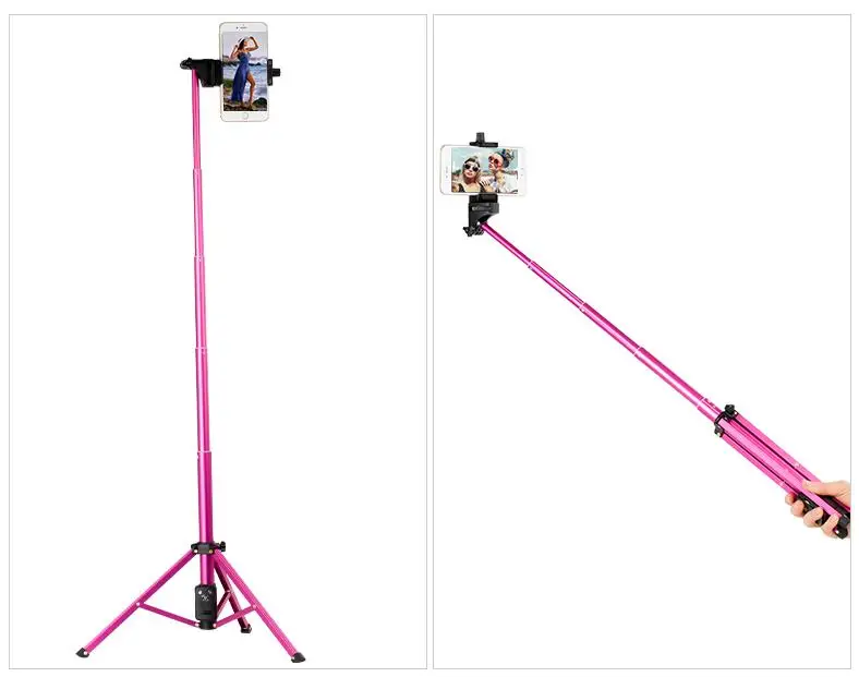 Pink Tripod Self-portrait Monopod Phone Holder Selfie Stick Bluetooth Remote Control for Camera Phone Gopro