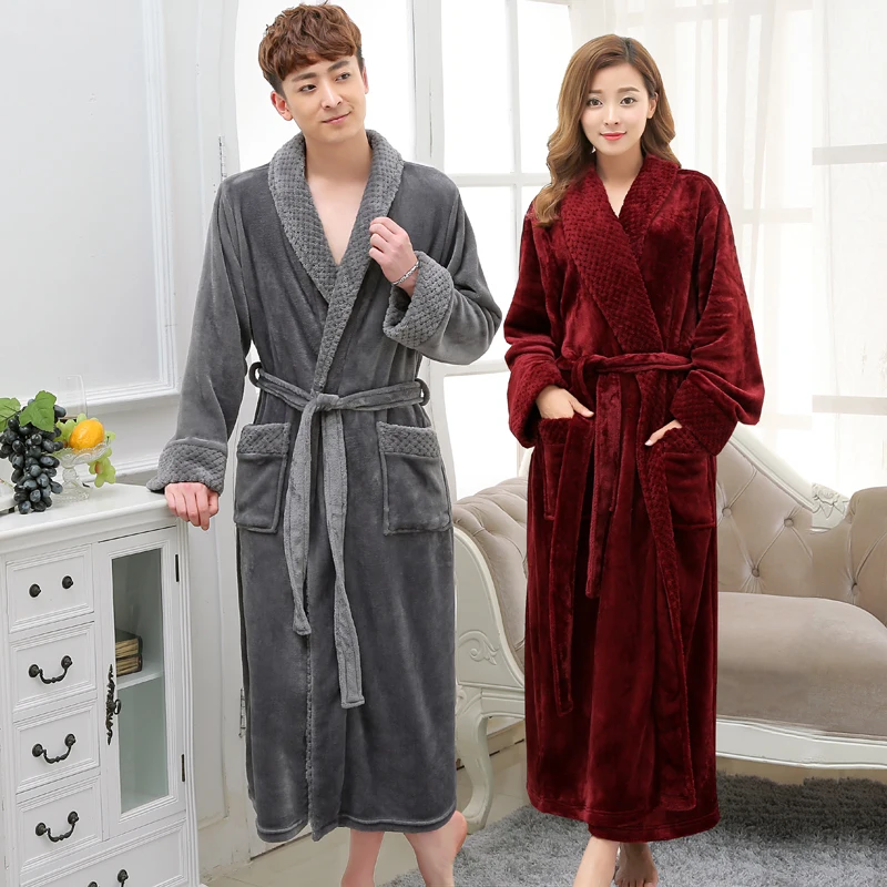 

Hot Selling Lovers Long Warm Coral Fleece Bathrobe Men Winter Super Soft Flannel Kimono Bath Robe Male Dressing Gown Mens Robes