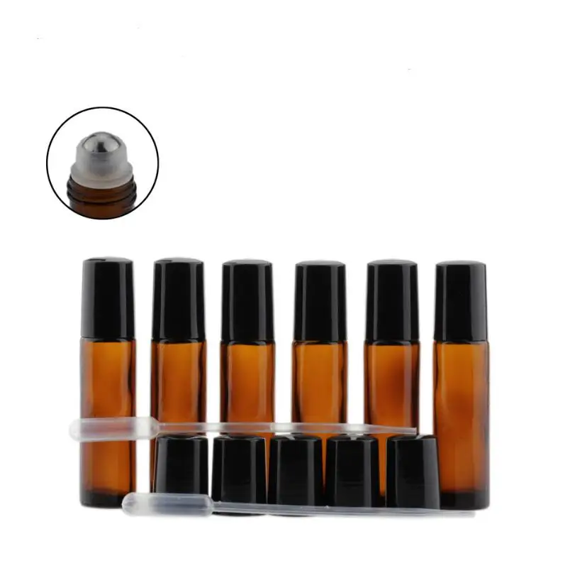 Wholesale 10ml Amber Roll On Refillable Essential Oils Bottle With Black Lid And Metal Roller Ball