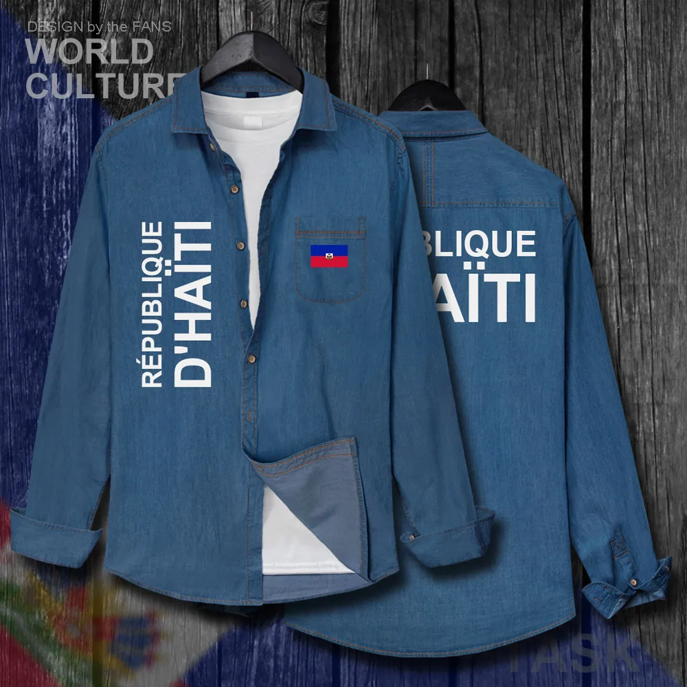 

Haiti Haitian Hayti Ayiti Men clothes Spring Autumn Cotton Turn-down Collar Jeans Shirt Long Sleeve fashion Tops Cowboy Coat new