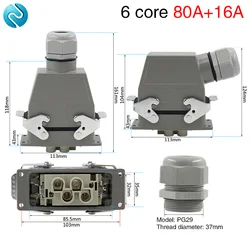 Rectangular Heavy Duty Connector HDC-HD-4/2 6 Core Pins Waterproof Aviation Industrial Machine Tool Plug Socket 80A+16A 500V