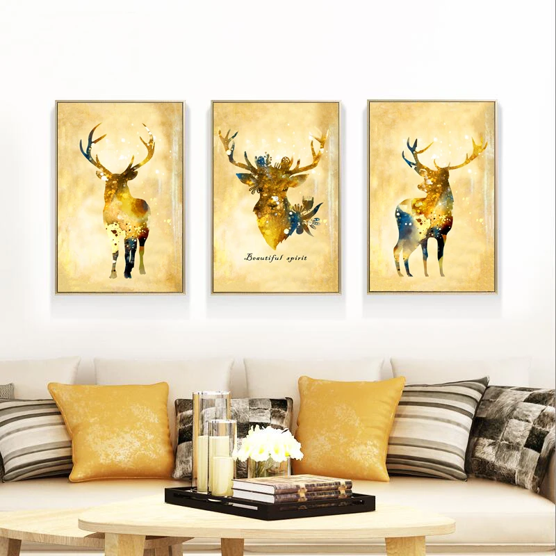 Triptych Abstract Gold Deer Canvas Painting Noble Art Print Paintings Wall Picture For Living Room Nordic Style Home Decor