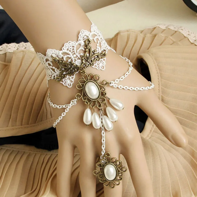 اليدوية المرأة الخرز قطرة الطبقات سلسلة فو اللؤلؤ زهرة الدانتيل الأبيض قابل للتعديل حلقة وسوار الرقيق مجموعة القوطية لوليتا الزفاف #2
