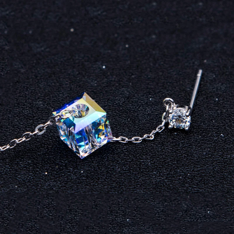 Original Crystals from Austria Cubic Beads Long Chain Drop Earrings Silver Color Piercing For Women Office Jewelry