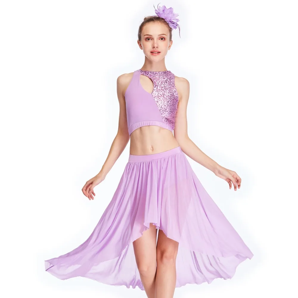 MiDee High-Low Skirt Sequin Crop Top High Neck with Back Straps Crossing Modern Lyrical Contemporary Dance Costumes