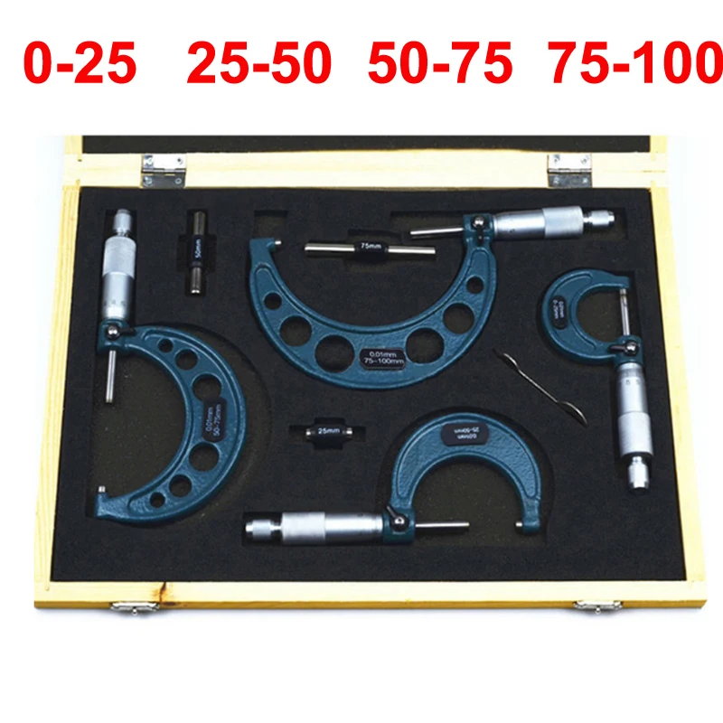 0-100mm 4pcs outside micrometer 0-25mm/25-50mm/50-75mm/75-100mm Metric Gauge Vernier Caliper thickness Measuring Tools