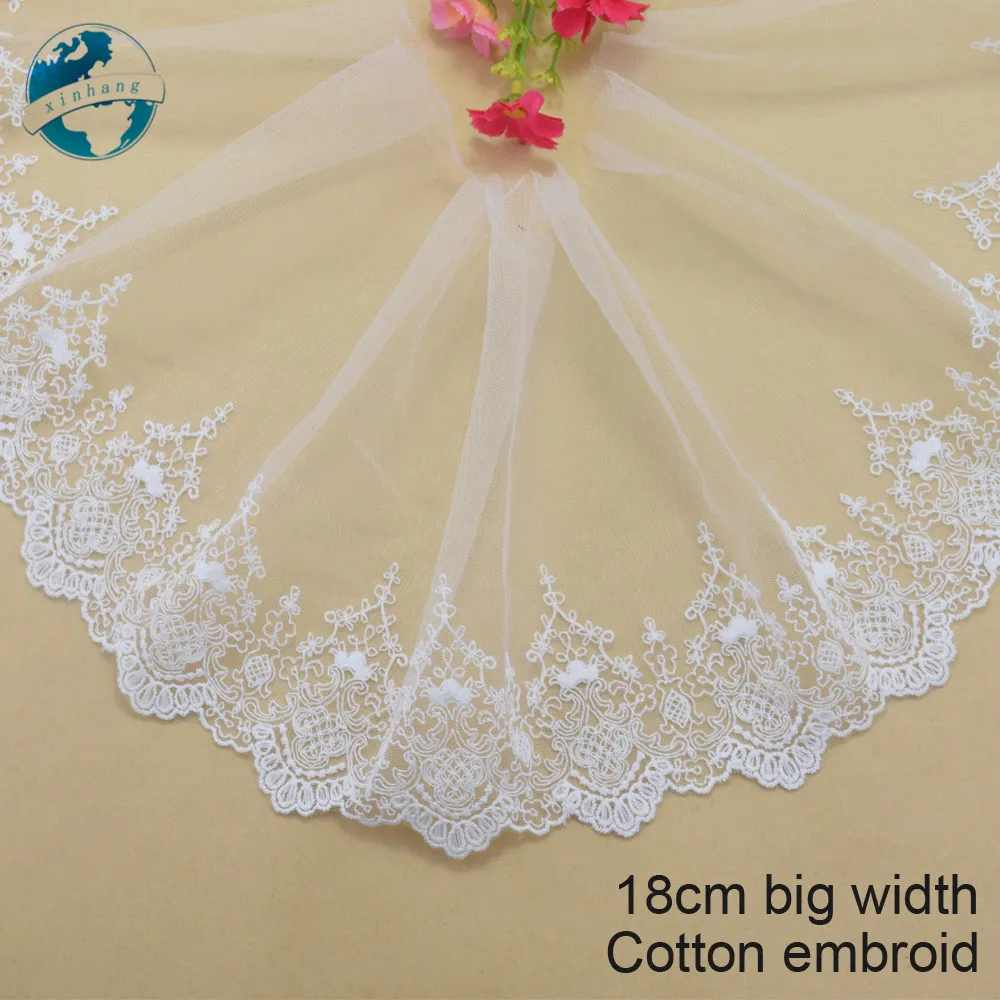 18cm Width White Cotton patches embroidery Lace Ribbon Fabric Guipure Diy Trims Sewing Garment dress Accessories tools#3695