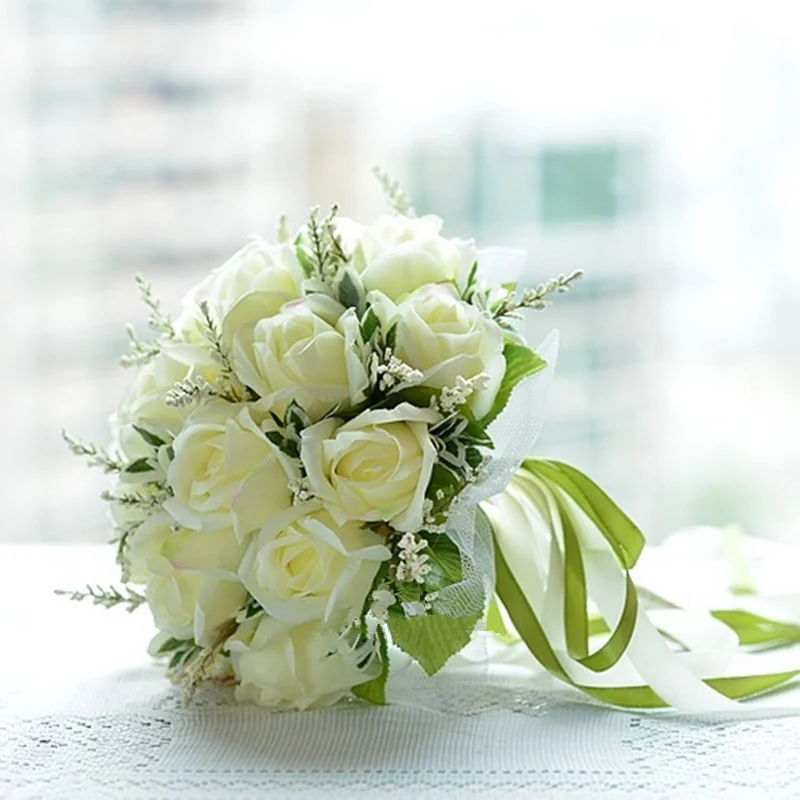 

Korea bridal bouquets white roses bunch satin ribbon lace up white handle romantic wedding bride flower decoration DIY bouquets