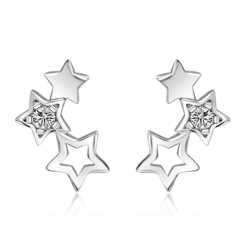 KOFSAC New Fashion Silver 925 Stud Earring Simple Cute Stars Shiny Cubic Zirconia Earrings for Women Ear Jewelry Brincos Bijoux