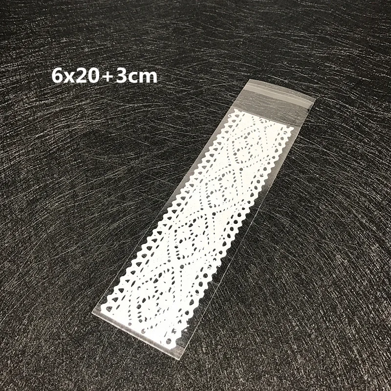 100pcs/lot  Plastic Bags 6x18cm 6x20cm Gift Candy Food Self Sealing Bags Lace Bow Cookie Long Strip Packaging Bags