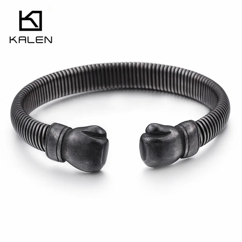 KALEN Hip Hop Opening Boxing Gloves Cuff Bangle For Men Stainless Steel Oxidized Dark Matte Mesh Chain Bracelet & Bangle Jewelry