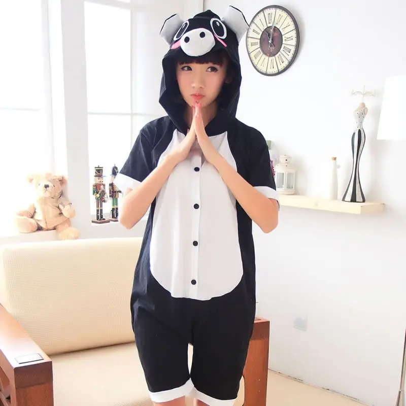 Cartoon animal conjoined Black Pig Adult Animal Onesie Pajamas Unisex Pyjamas Short Sleeve Summer Nightgowns Sleepwear Nightdres