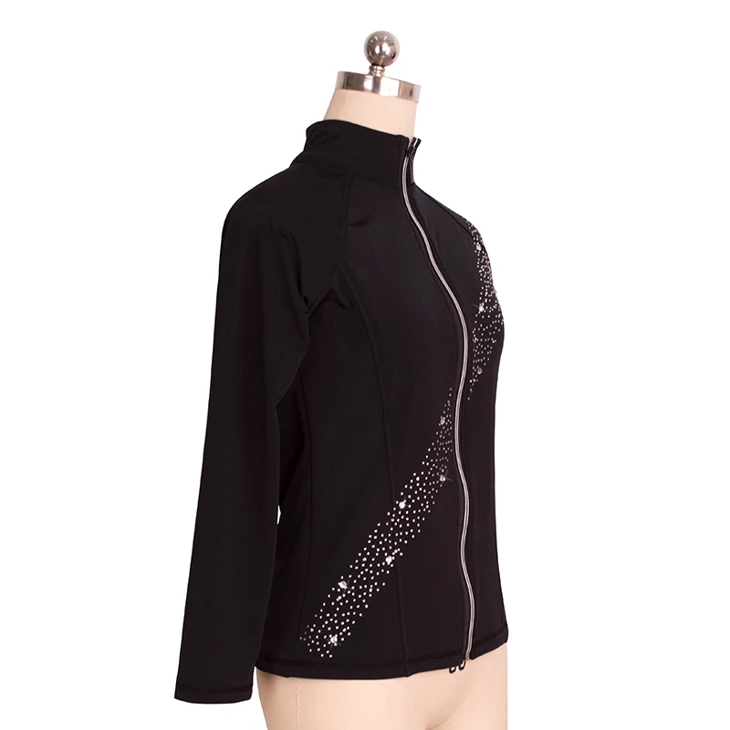 Women\'s Figure Skating Competition Training Suit Jacket Zipper Top Artistic Gymnastics Warm Black and White Shining Rhinestone