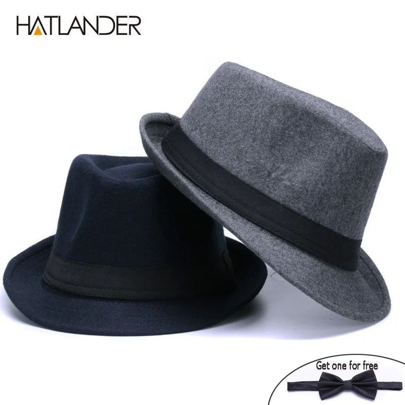 HATLANDER Classic solid Men's Dad fedora hats for Gentleman woolen Jazz church cap women fedoras winter felt billycock top hat