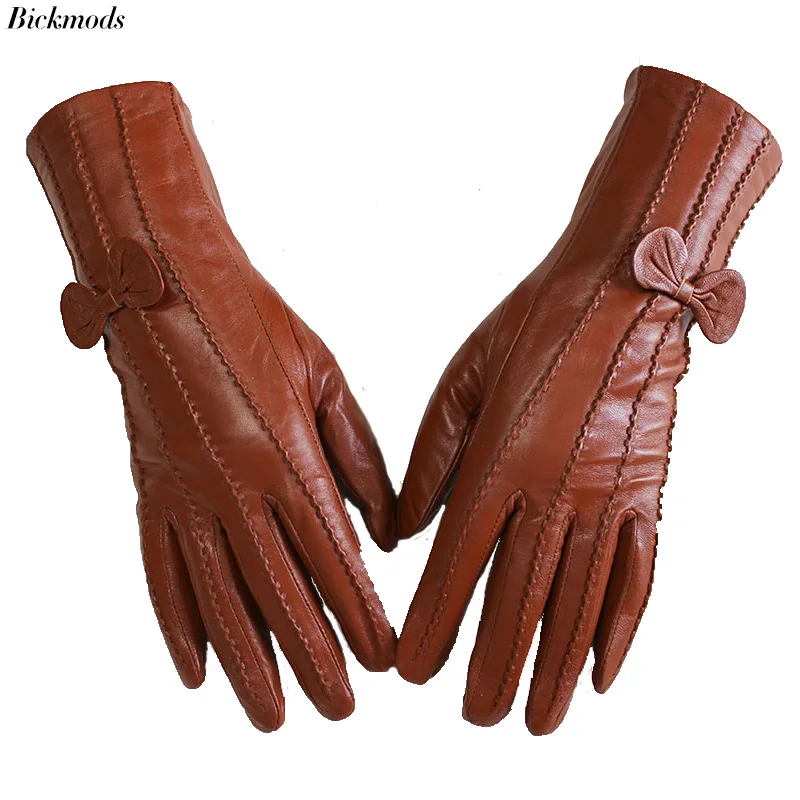 Leather Sheepskin Gloves Women\'s Mid-Length Stripes Plus Velvet Warm Autumn and Winter Windproof Free Shipping