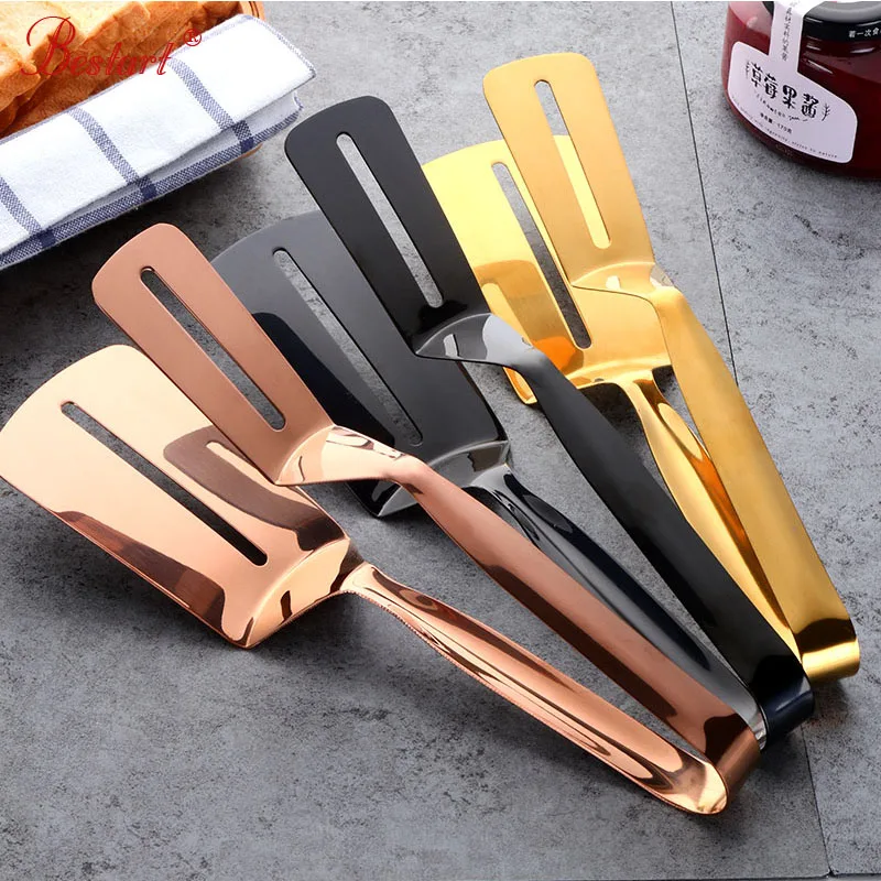 Stainless Steel Steak Clip BBQ Tongs Bending Steak Shovel Wider Spatula Leak Food Clamp Bread Clips Kitchen Tong Free Shipping