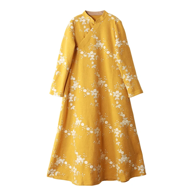 LZJN-Abito Cheongsam a Maniche Lunghe da Donna, Abito Ricamato, Qipao Cinese Floreale, Giallo, Autunno, Inverno,