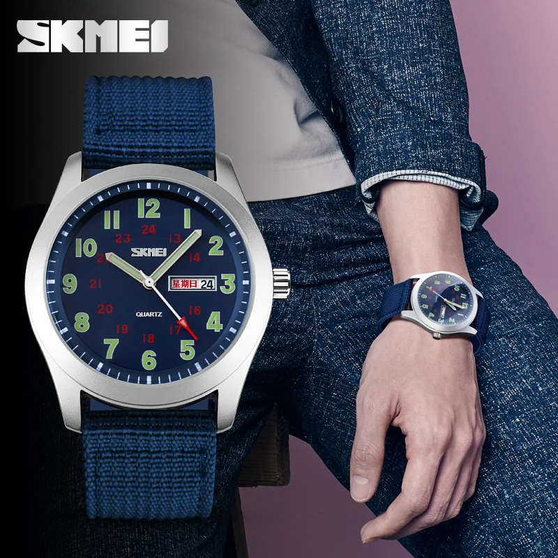 SKMEI-Montre à quartz pour homme, étanche, bracelet en nylon, affichage analogique de la date et de la semaine, montre-bracelet décontractée