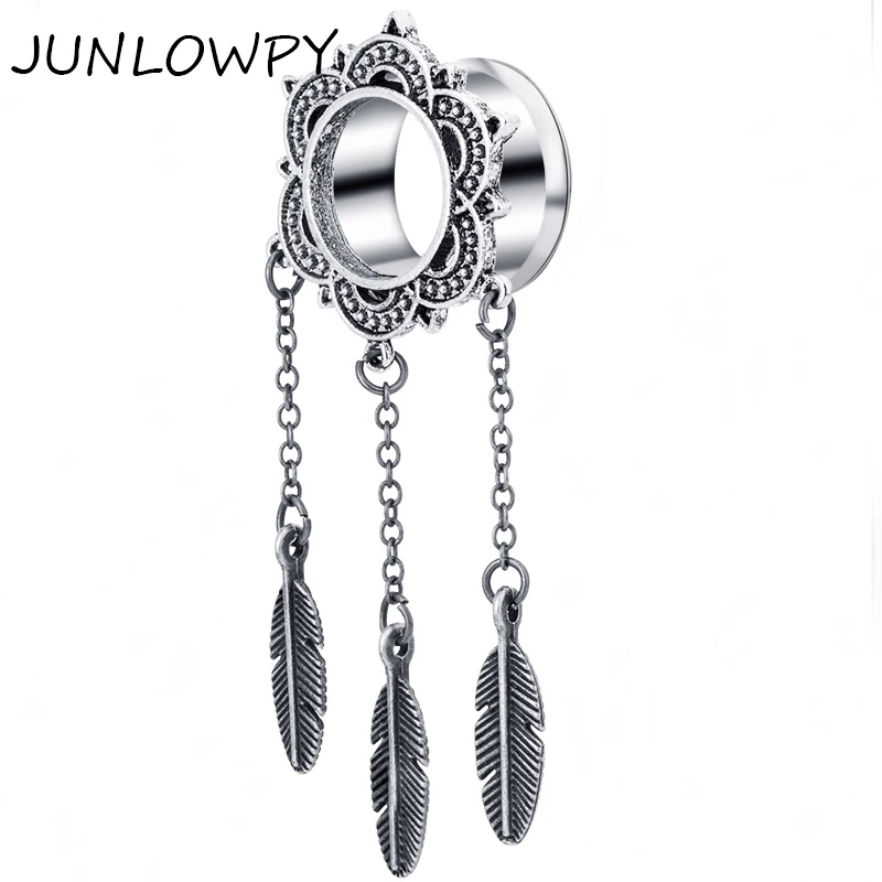 JUNLOWPY Ear Tunnel Silver Dreamcatcher Cute Feather Pendant Dangle Ear Plug Tunnel Gauge Body Jewelry Piercing Earring Kits