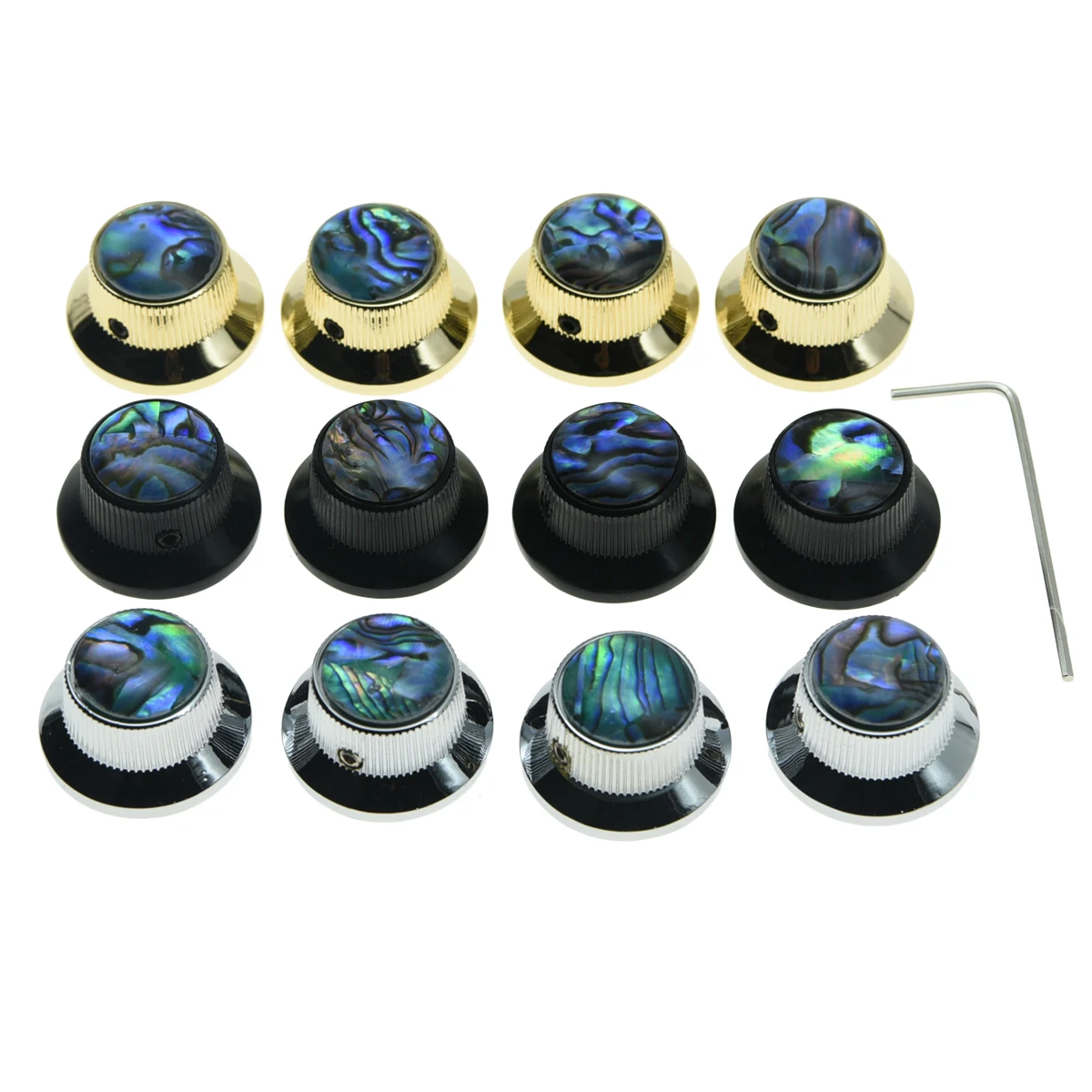 KAISH 4x Set Screw Abalone Top Chrome/Black/Gold Guitar Bass Top Hat Knobs Metal Bell Knobs for Les Paul with 6mm Shaft Pots