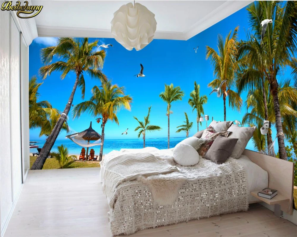 beibehang Custom large mural wallpaper 3D fresh nature sea seascape coconut tree whole house theme mural wall papel de parede